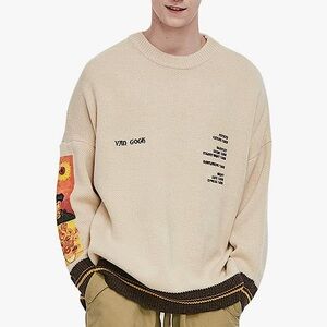 Veramy Van Gogh Embroidered Oversized Pullover Cable Knit Graphic Sweater